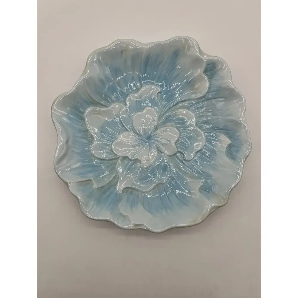 Vintage Blue White Majolica Style Floral Plate Relief Flower Ceramic Decorative
